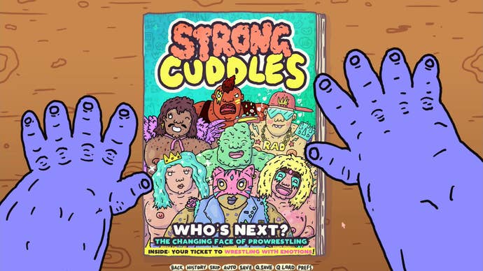 Your character’s purple hands lay to the side of “Strong Cuddles” magazine, which shows all of WWE: New Kid On The Block’s roster.