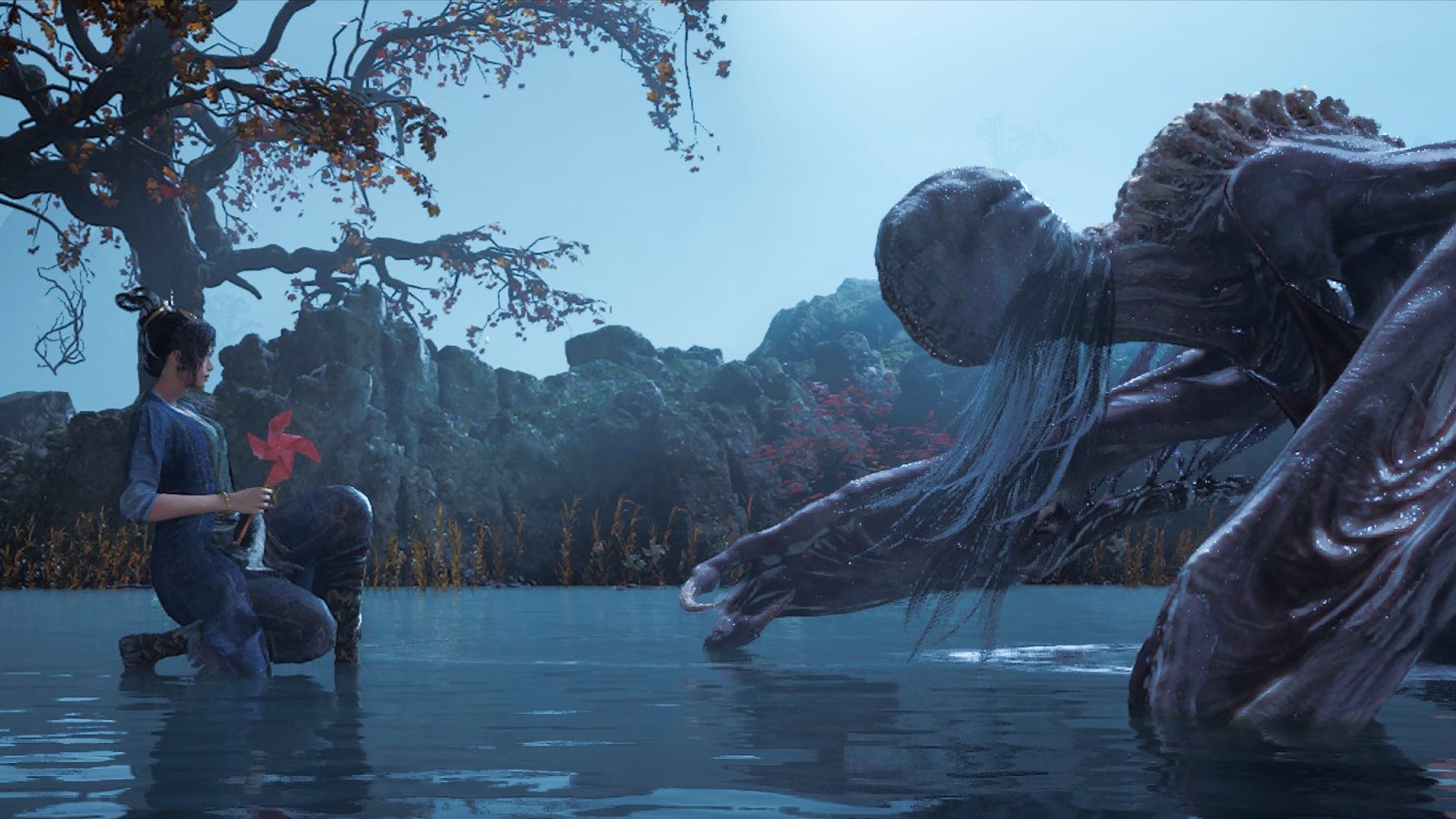 Wuchang, kneeling and holding a red pinwheel, comes face-to-face with the Monstrous Toddler Bai Kru boss in Wuchang Fallen Feathers. - 1