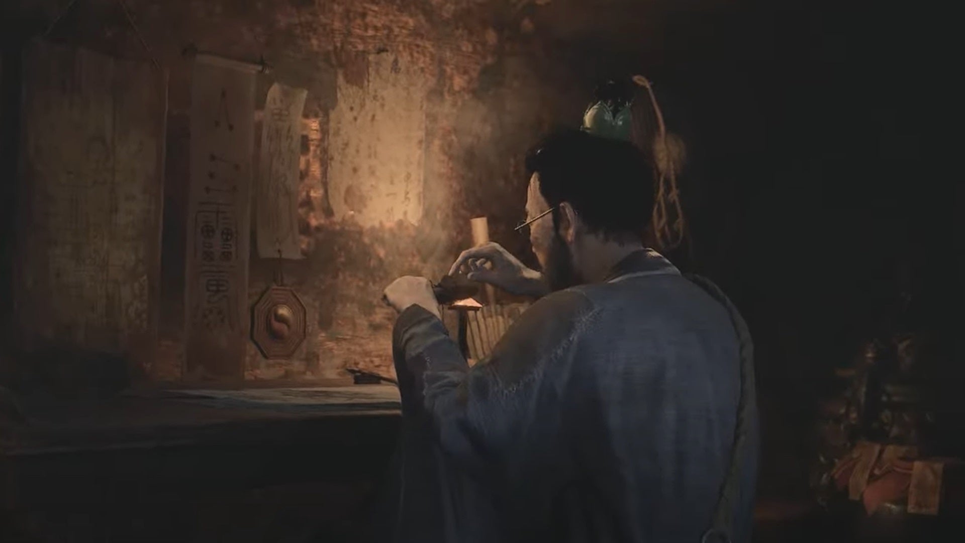 Xuanyangzi, a Taoist NPC from Wuchang Fallen Feathers, leans over a desk in this scene from the bad ending. - 6