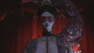 Wuchang: Fallen Feathers screenshot showing female bride boss character with red fabric over her eyes and a growth out of her back