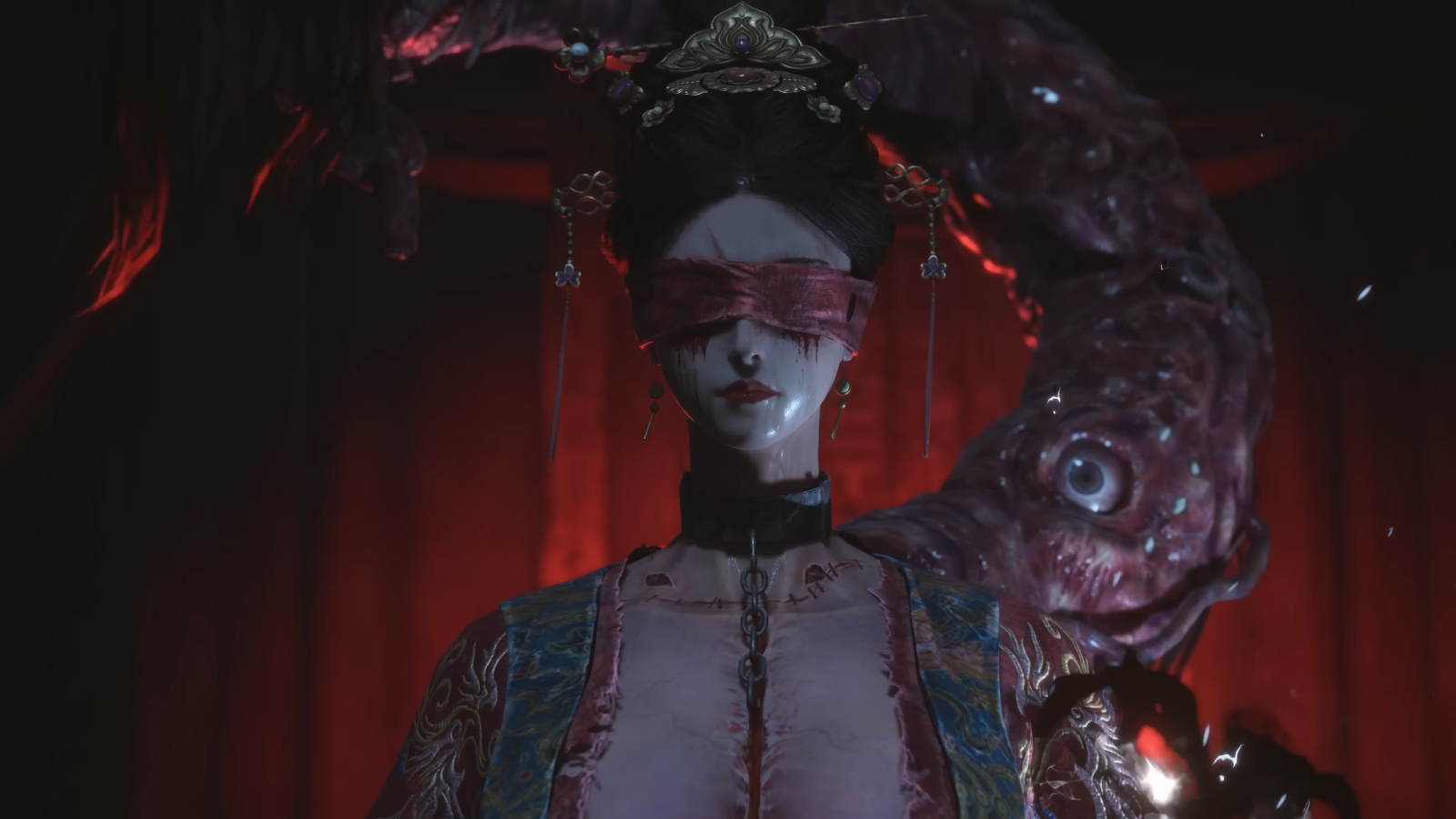 Wuchang: Fallen Feathers trailer screenshot showing woman in traditional Chinese outfit with strange mutation growing from her