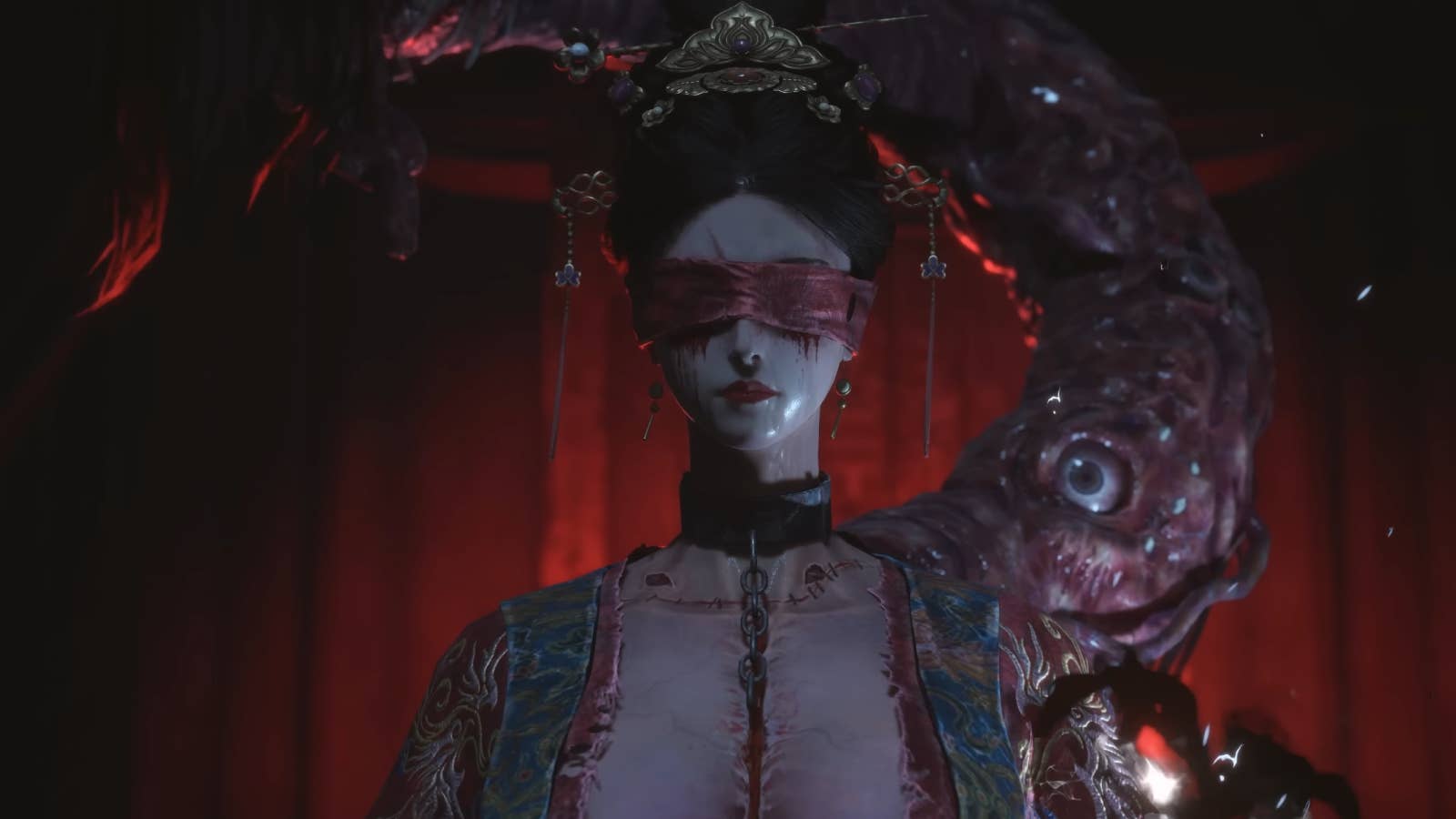 Wuchang: Fallen Feathers trailer screenshot showing woman in traditional Chinese outfit with strange mutation growing from her