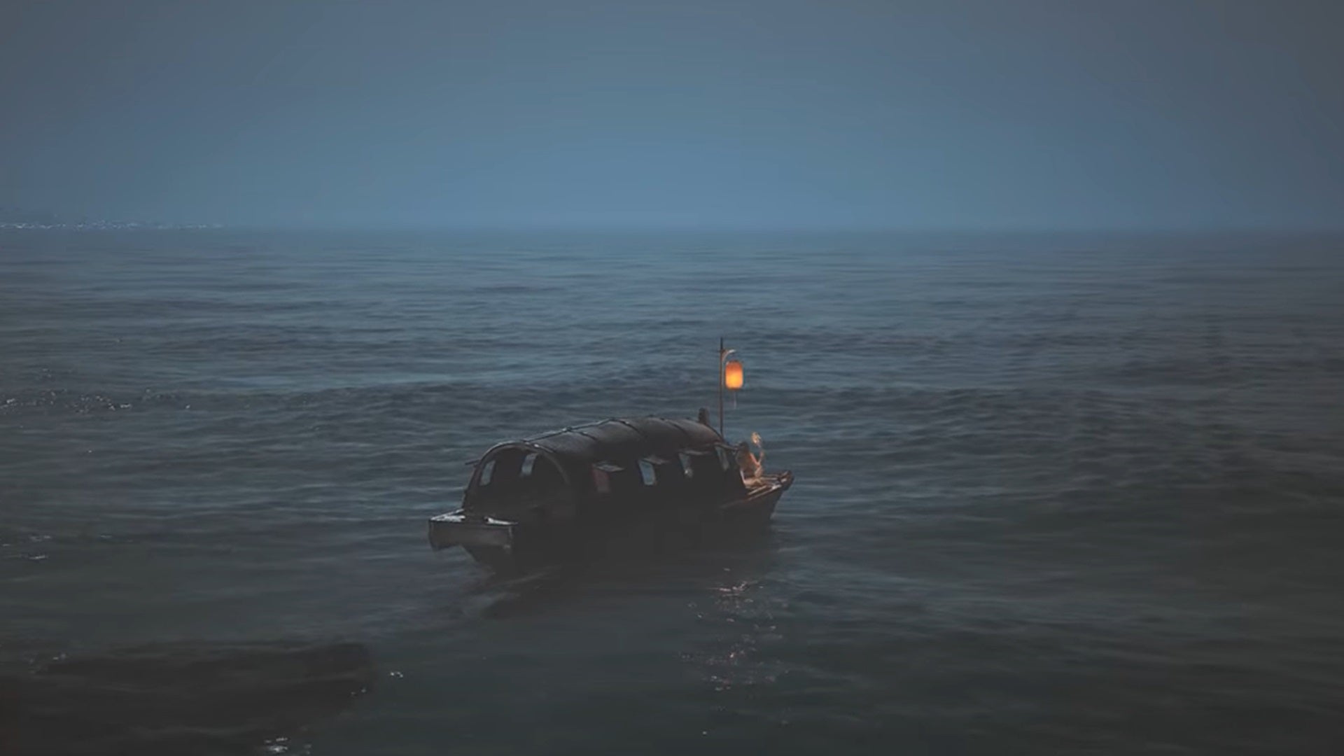 A small boat sails off through the night in this moment from Wuchang Fallen Feather's good ending. - 8