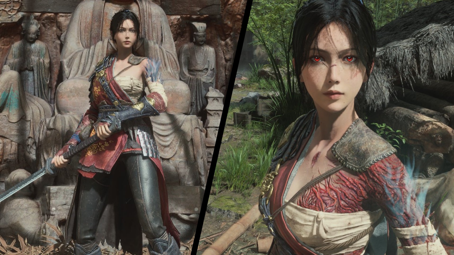 A comparison between Wuchang with no Madness and lots of Madness in Wuchang: Fallen Feathers. At no Madness, Wuchang looks normal. At lots of Madness, her eyes glow red and demonic marks radiate from her arm onto her chest. - 4