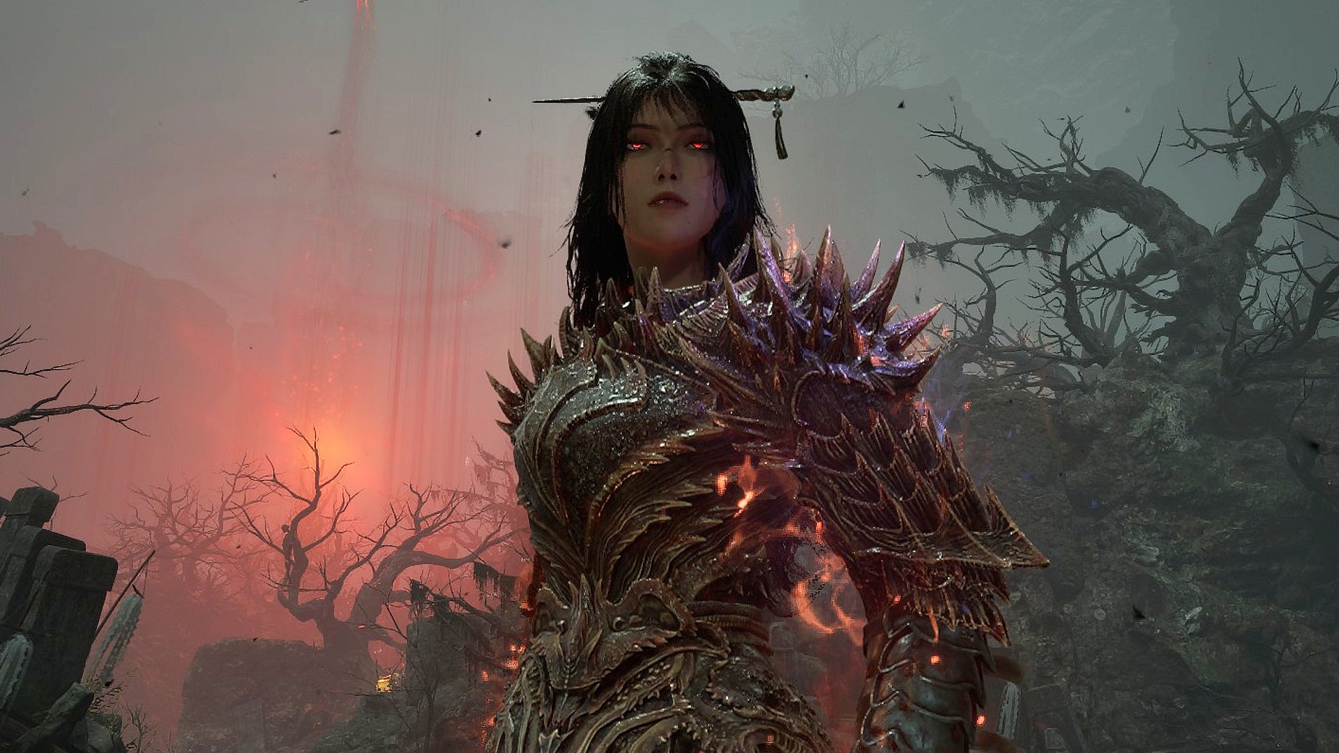 Wuchang wears the gnarled Centipede Armor in Wuchang: Fallen Feathers. Her eyes grow red with Madness, and a dark, foul sky lurks in the background. - 1
