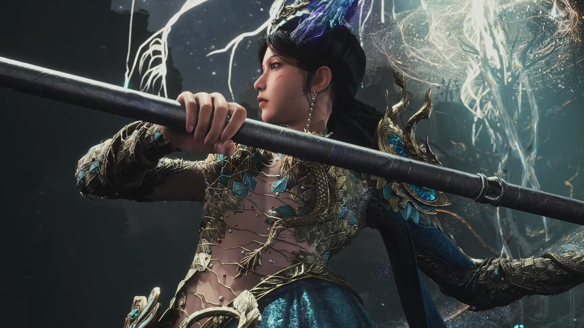Wuchang from Wuchang: Fallen Feathers wears a fancy and mildly revealing peacock-coloured outfit in this pre-order costume. - 1