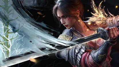 Wuchang: Fallen Feathers showing Wuchang in side profile holding a longsword, looking determined
