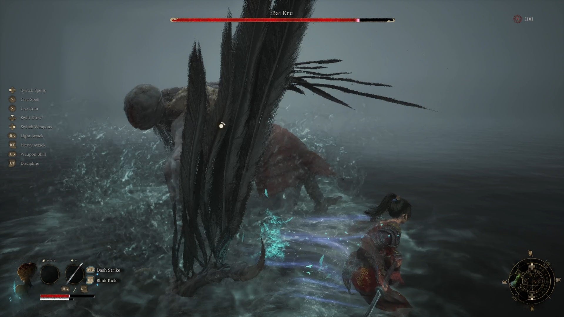 Wuchang successfully uses Shimmer (AKA dodging) to avoid an attack from the Bai Kru boss. A blue aura trail is left behind. - 5