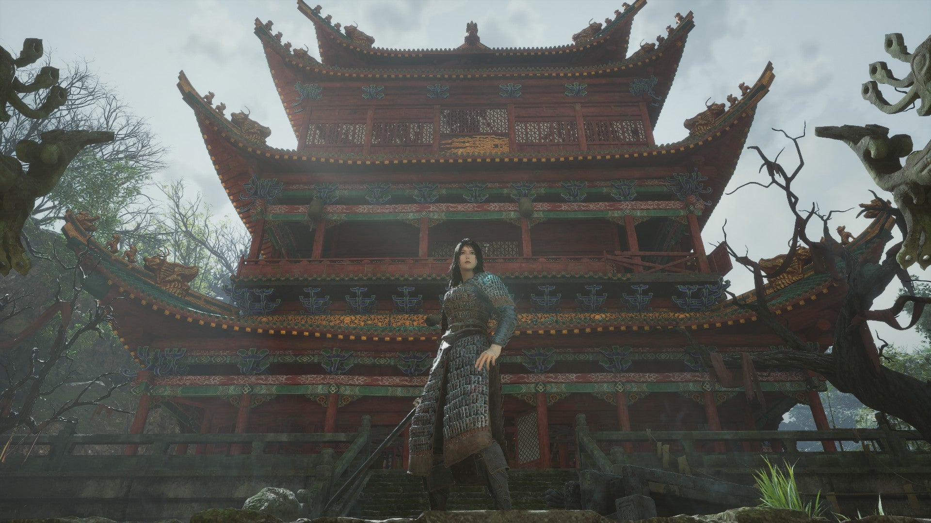 Wuchang stands in front of a huge Chinese pagoda temple in Wuchang Fallen Feathers. - 1
