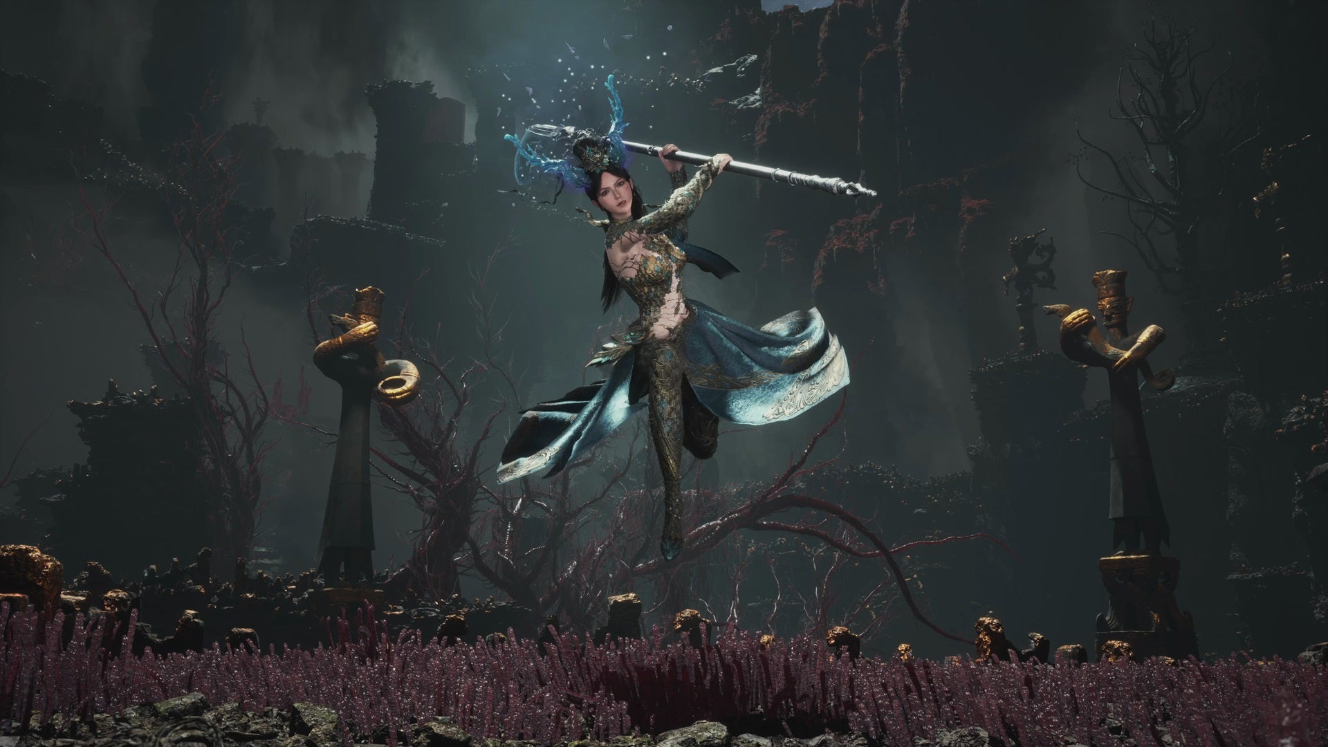 Wuchang, decked out in an elegant peacock-esque robe, jumps in the air and swings a Spear. - 6