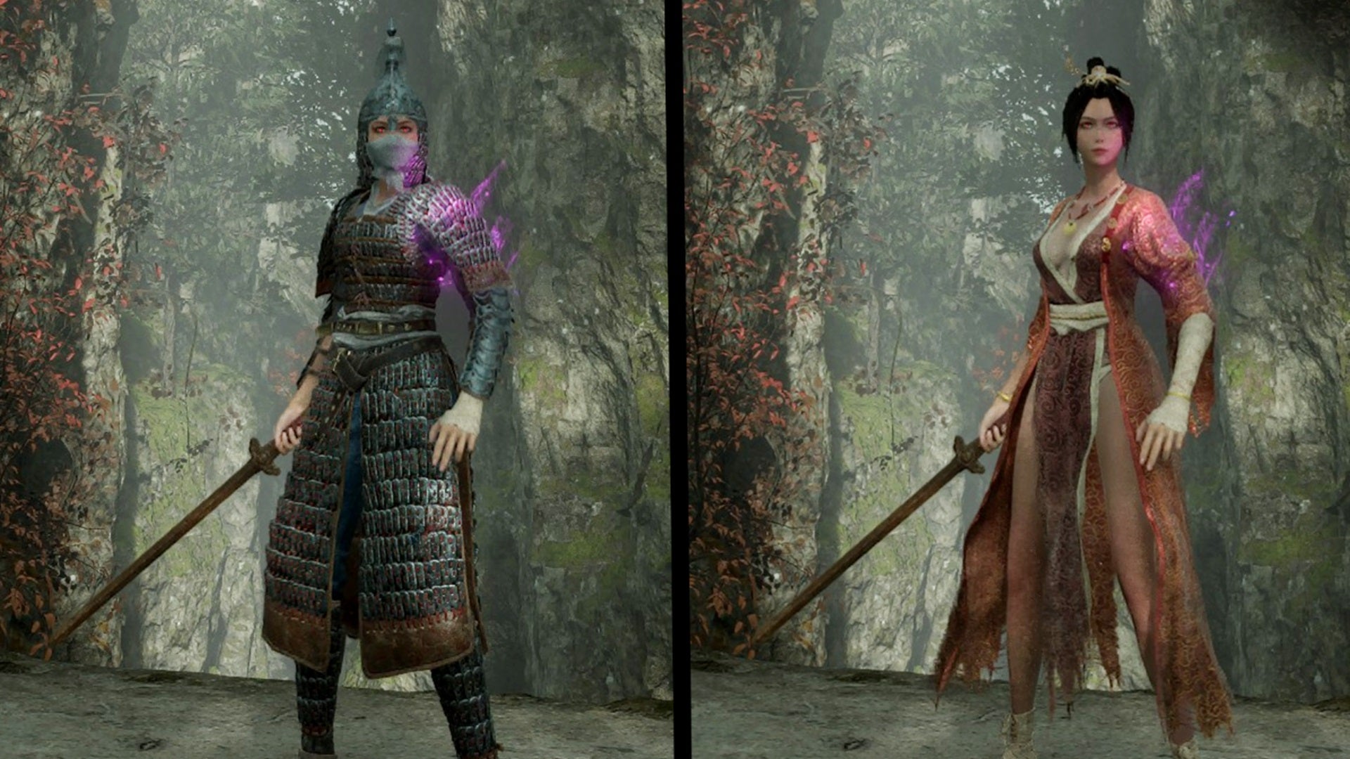 An example of transmogrified outfits in Wuchang: Fallen Feathers - on the left, Wuchang stands in full Ming armor, while on the right she stands in a skimpy red maid's dress. - 4