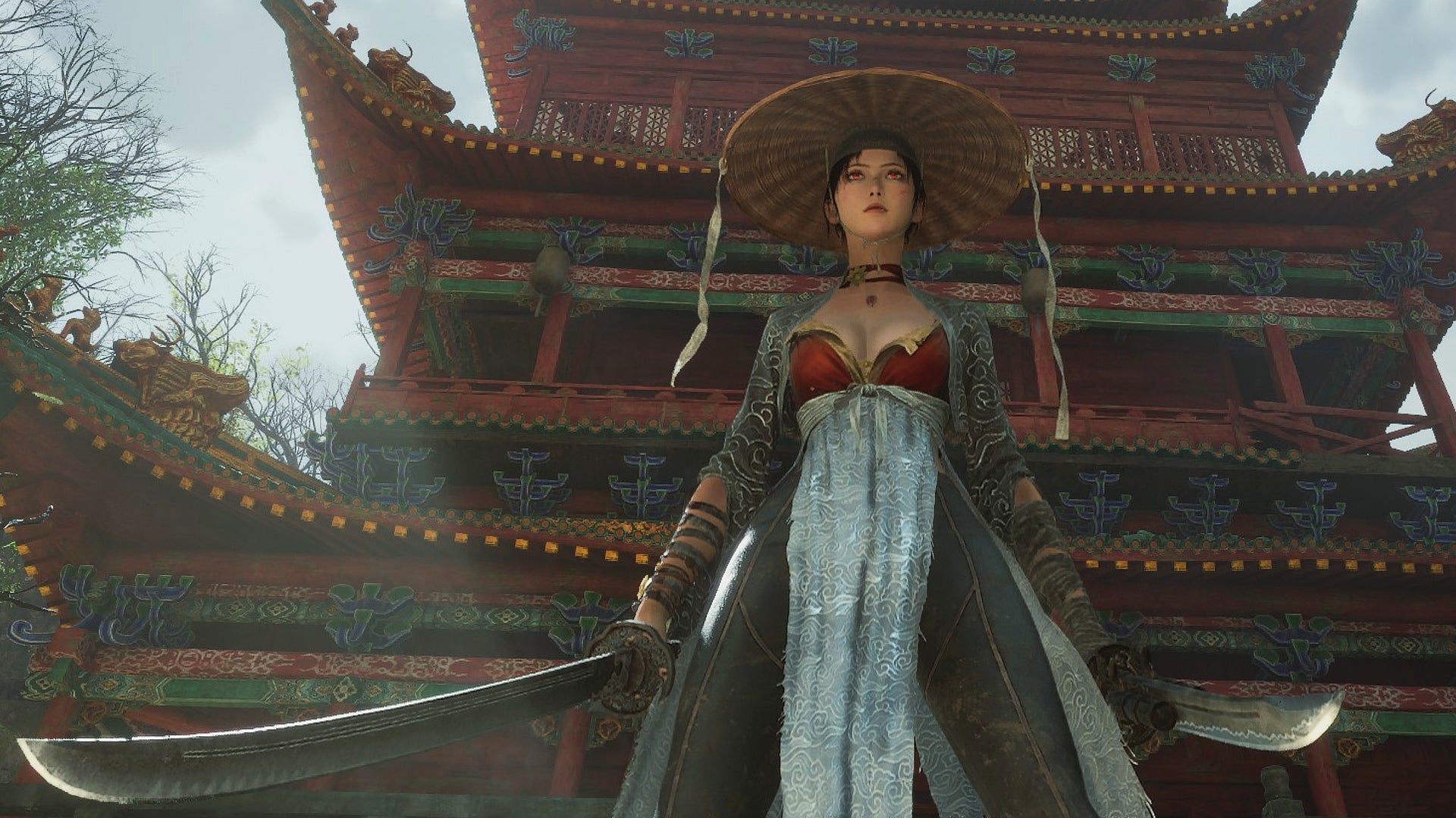 Wuchang stands in front of a temple in Wuchang: Fallen Feathers, wearing a rice paddy hat and red and white robed top. She has two blades at the ready. - 1