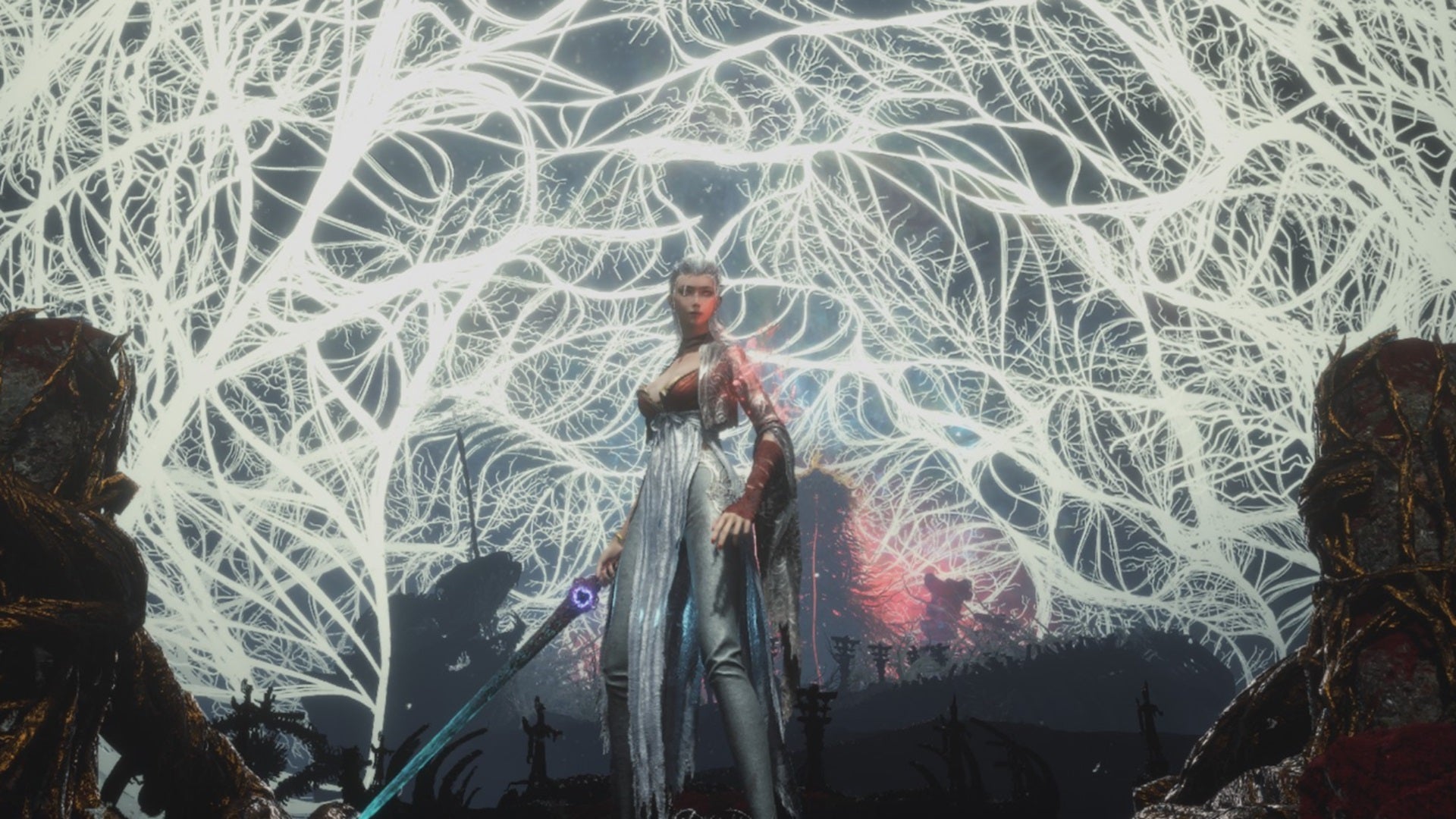 Wuchang of Wuchang Fallen Feathers stands with a One-Handed Sword in her hand as feathery glowing white strands wisp out behind her. - 1