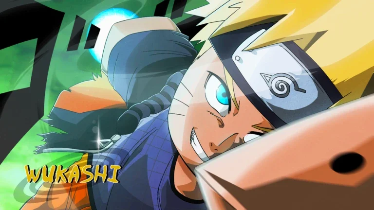 Artwork for the Roblox game Wukashi showing a Naruto-inspired Roblox character.