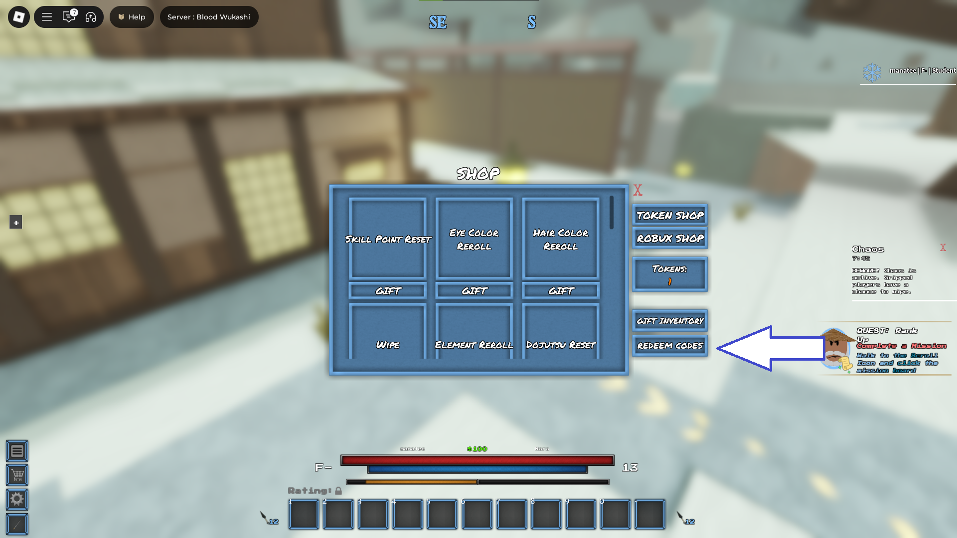 A screenshot of Wukashi in Roblox showing the game's codes button.