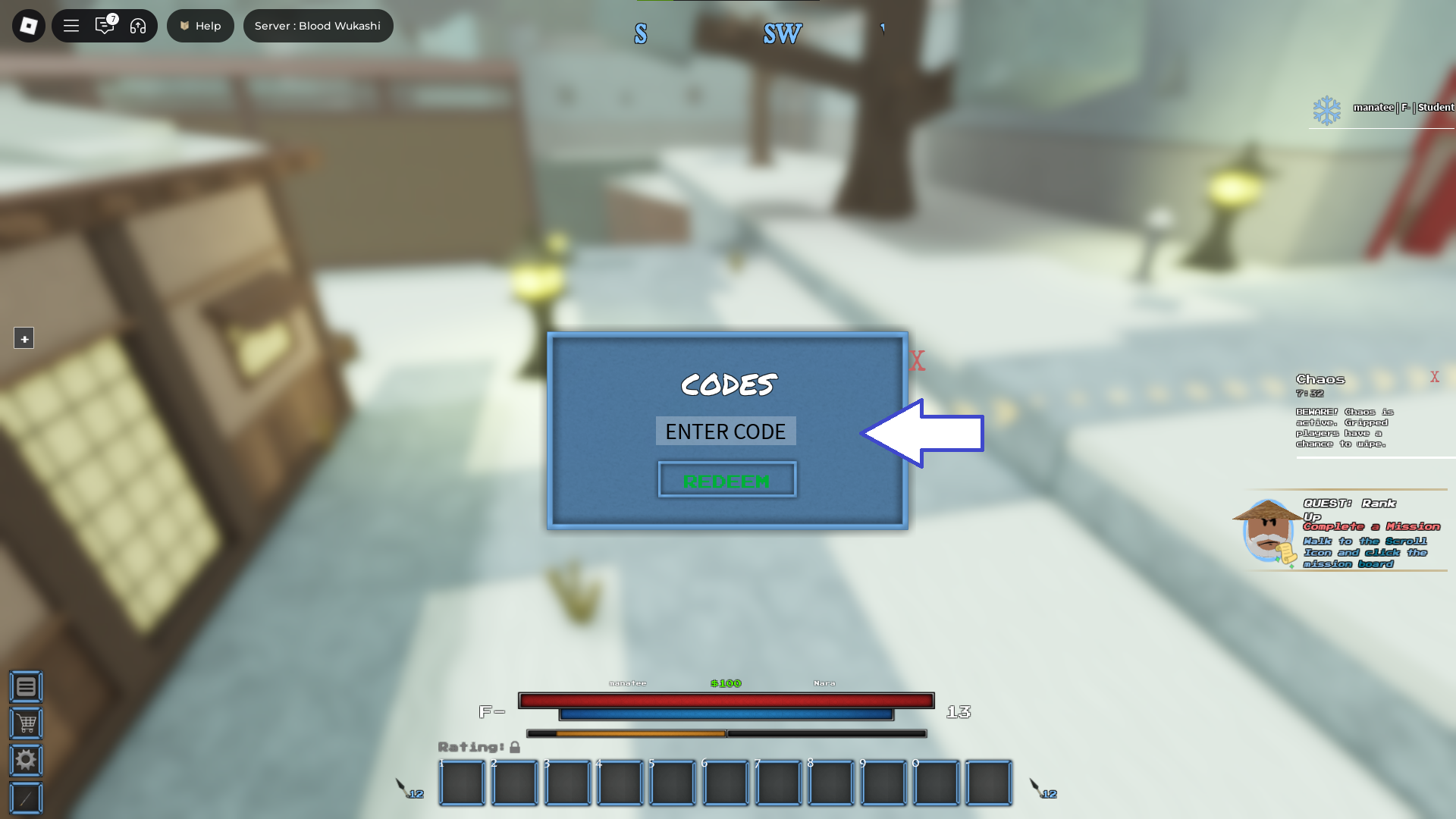 A screenshot of Wukashi in Roblox showing the game's codes field.