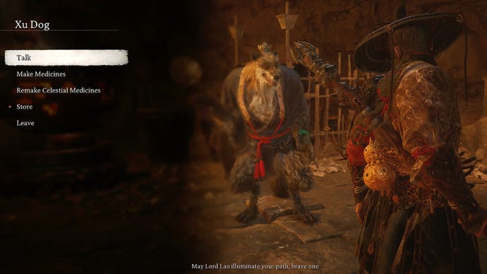 A screenshot from Black Myth: Wukong showing the main character speaking with the fox NPC and medicine seller Xu Dog.