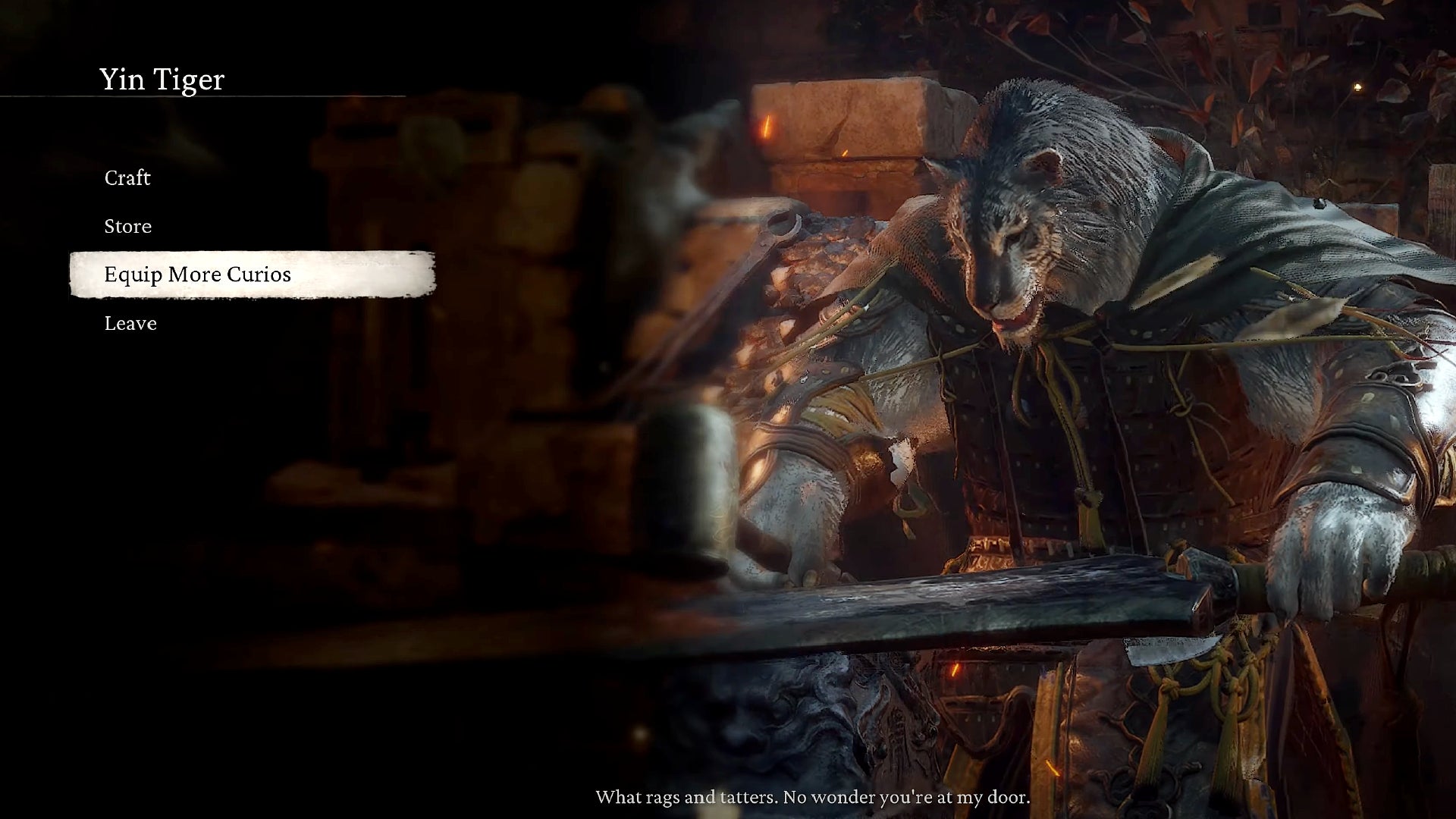 A screenshot showing the menu options while speaking with the blacksmith Yin Tiger in Black Myth: Wukong. The 'Equip More Curios' selection is highlighted. - 4