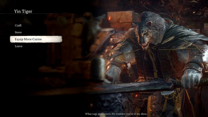 Screenshot showing the menu options when talking to the blacksmith Yin Tiger in Black Myth: Wukong. The