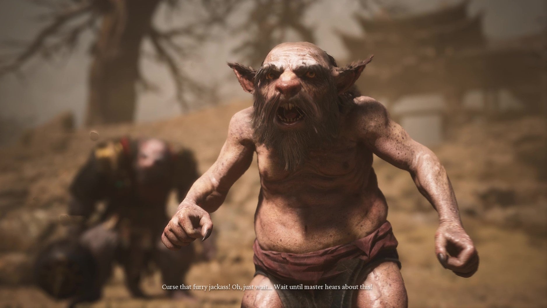 A little rat father screams at the Destined One, while a mysterious armoured rat sits in the distance, in Black Myth: Wukong. - 4