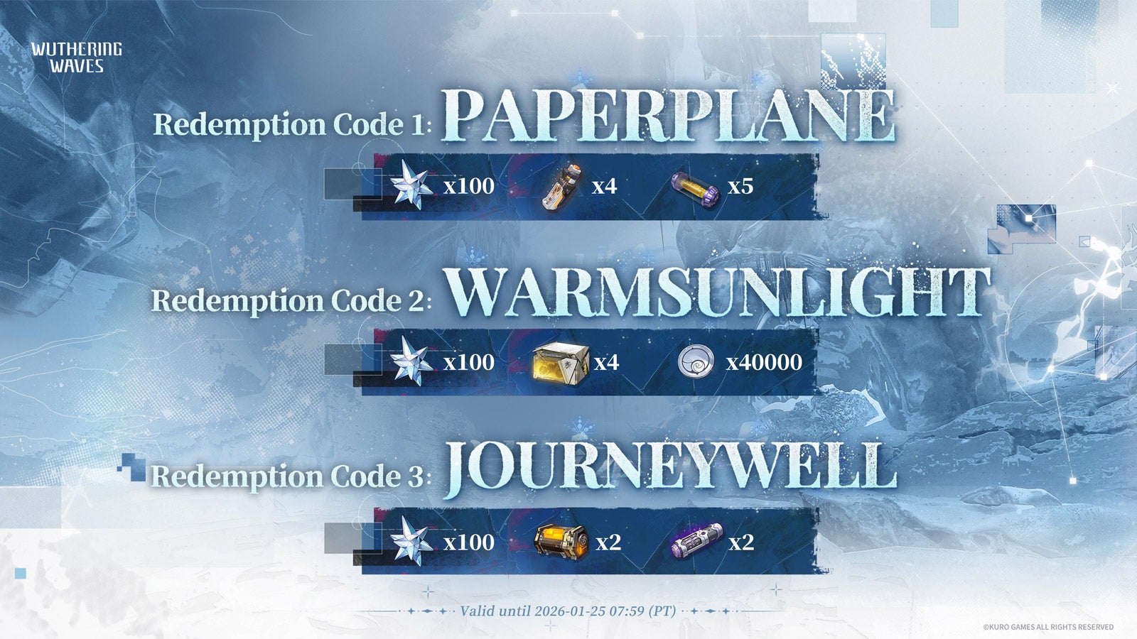 Wuthering Waves artwork showing the codes released during the 3.1 livestream. - 3