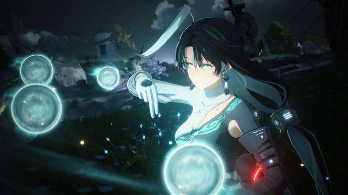 Wuthering Waves' Jianxin, manipulating Chi as she prepares to strike a foe with Aero