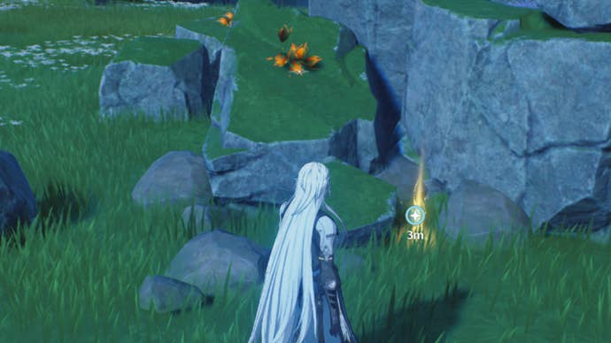 wuthering waves calcharo facing glowing spot on ground near rocks