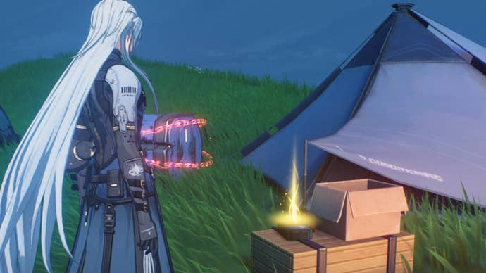 wuthering waves calcharo facing radio on a box near tent