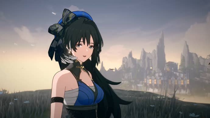 A close-up of Yangyang in Wuthering Waves, with a city in Solaris-3 in the background.