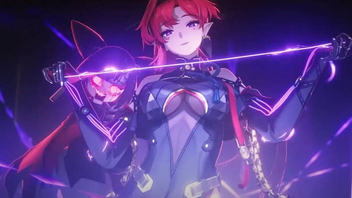 A red-haired woman with elf ears holds a whip and smirks at the camera, revealing some of her cleavage.