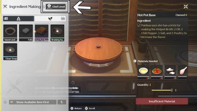 wuthering waves cooking menu chef level navigation button