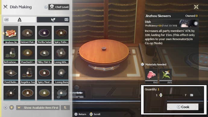 wuthering waves cooking menu cook items prompt and item amount slider
