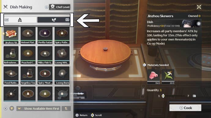 wuthering waves cooking menu navigation tabs