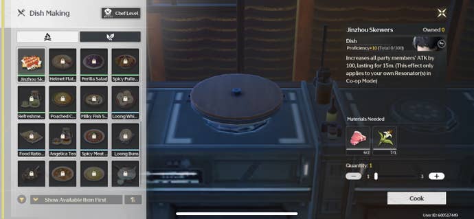 A game screen showing the cooking menu in Wuthering Waves.