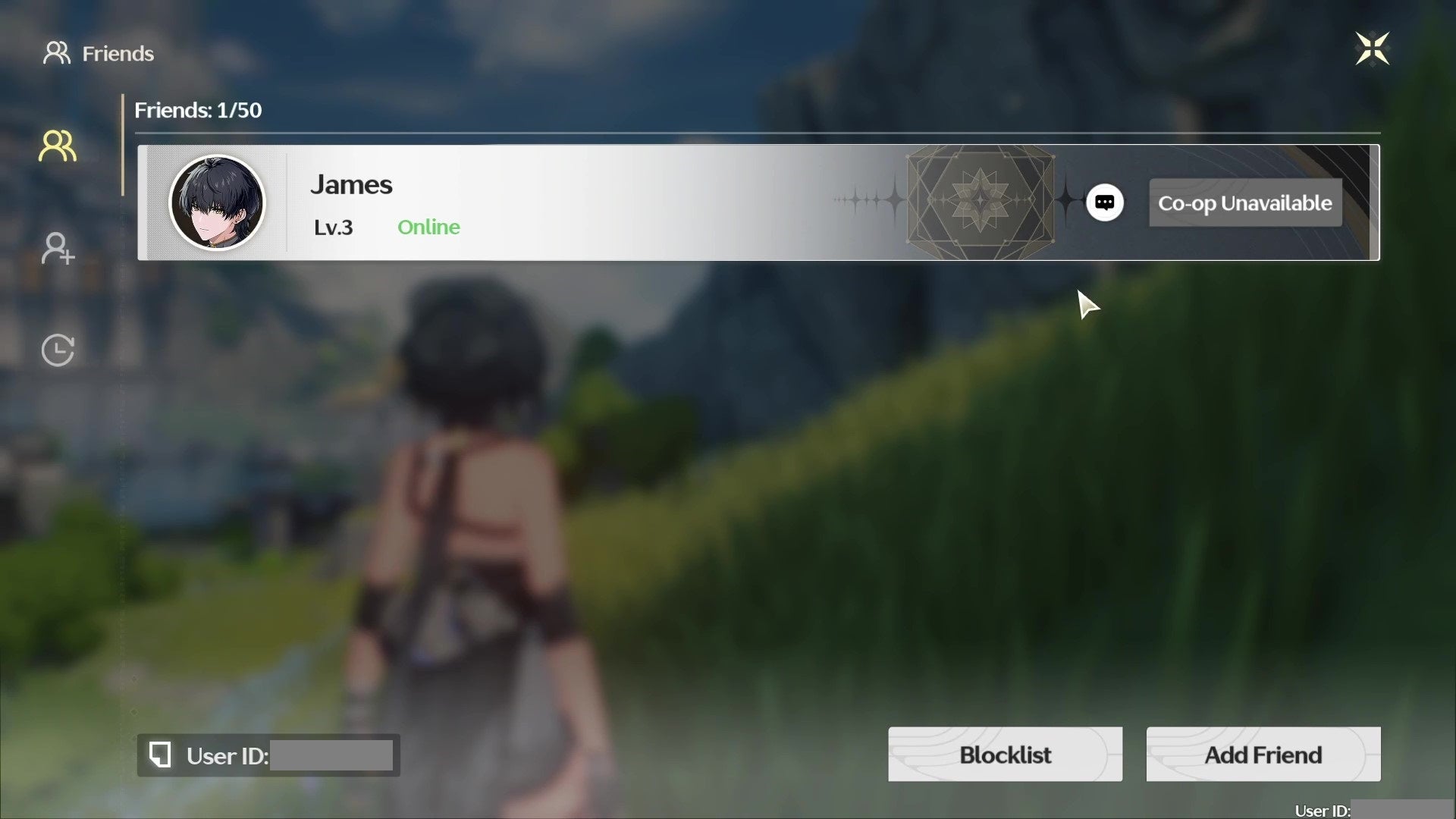 A Wuthering Waves friend list, against a background showing the female Rover exploring an open field. - 4