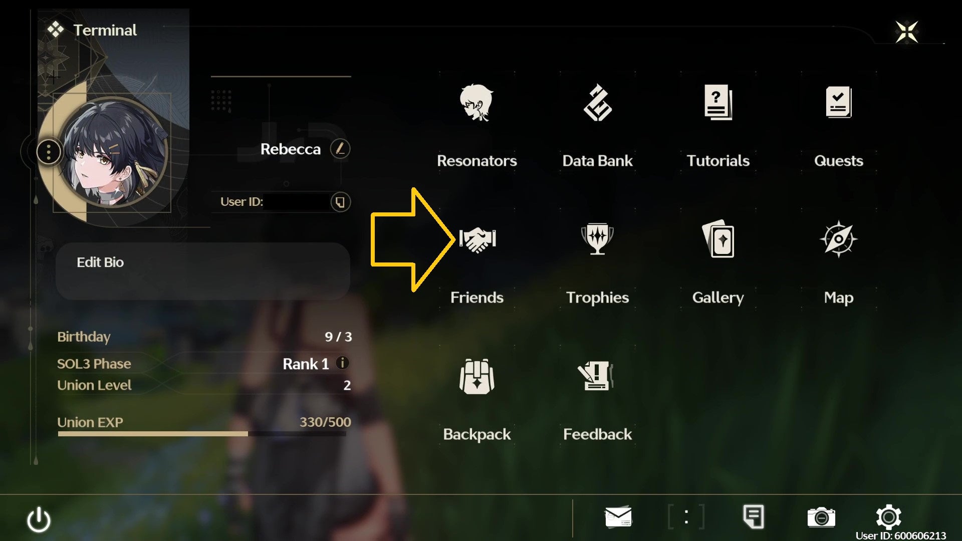 The main menu a.k.a. Terminal of a Wuthering Waves player account, with an arrow drawn in to point to the friends list. - 3