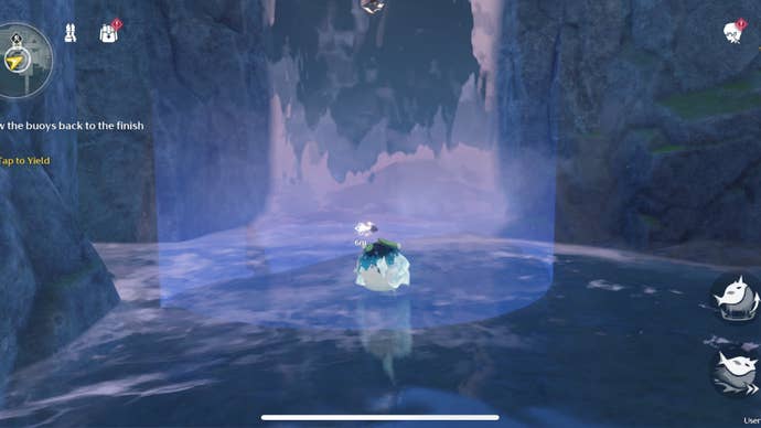 The Rover climbing a waterfall as a Gulpuff in Wuthering Waves.