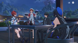 The gang in Wuthering Waves get a bite to eat in one of the game's frozen scenes.