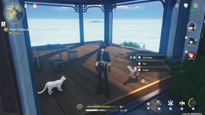 Rover hangs out with cats in Wuthering Waves; a menu allows the cats to be pet or fed.