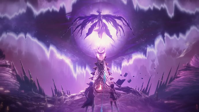 Two Wuthering Waves characters stand facing a dragon-like beast rising from a large tower, emitting a purple light which covers the entire scene.