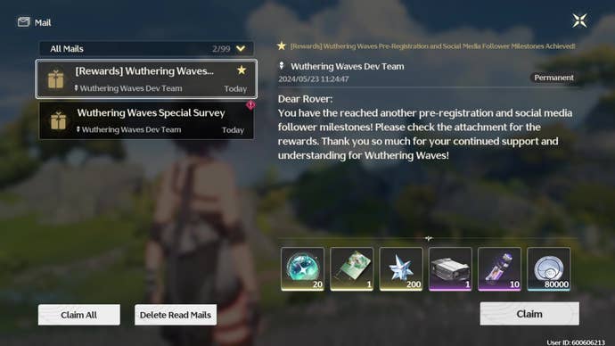 The in-game player mailbox in Wuthering Waves, showing the Day 1 pre-registration bonus mail.