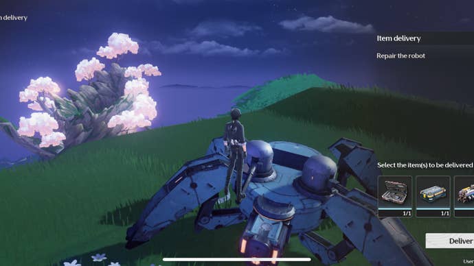 The Rover using spare parts, a battery pack and an engine to repair the robot in Wuthering Waves.