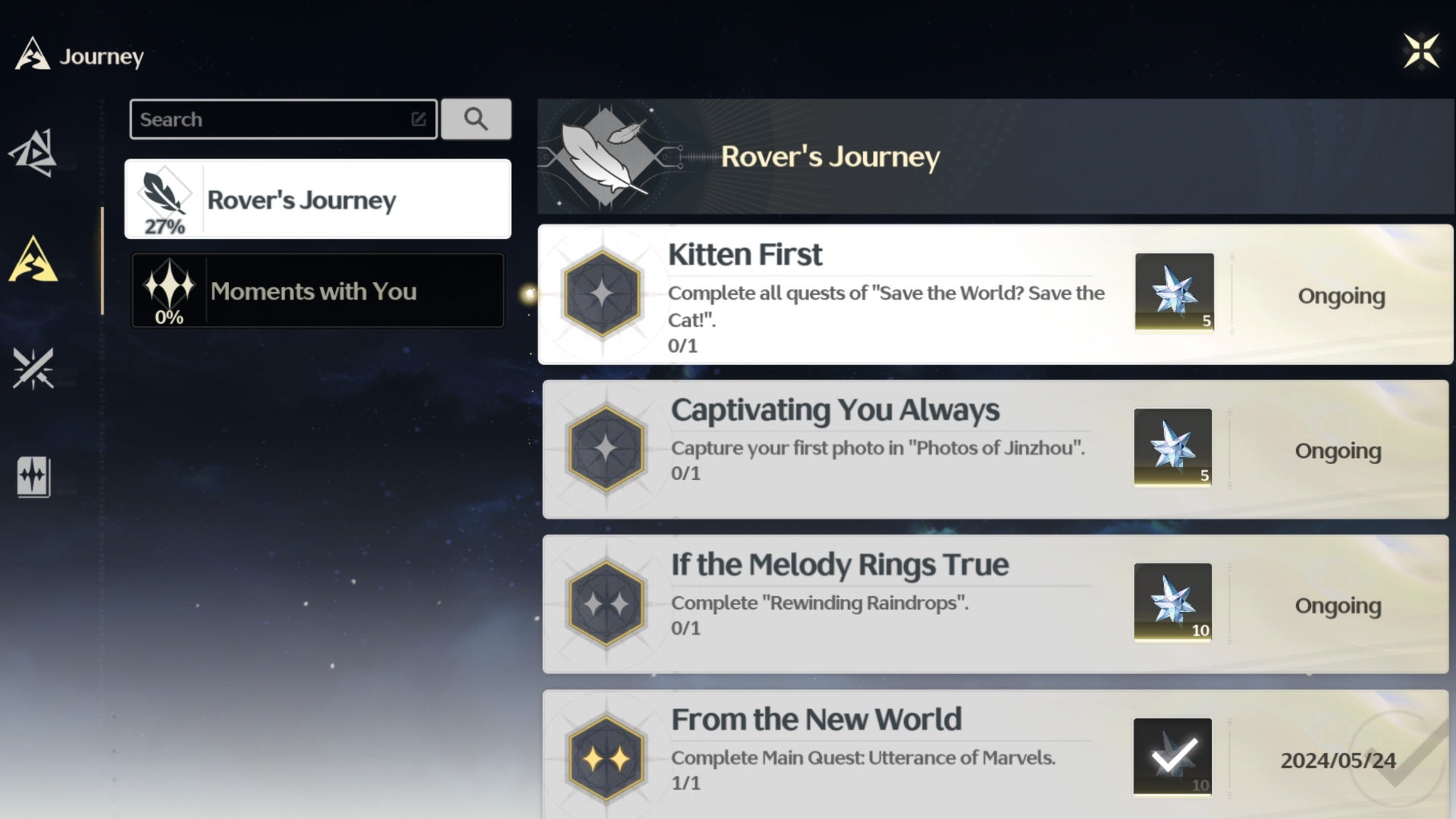 wuthering waves rover&rsquo;s journey kitten first trophy menu