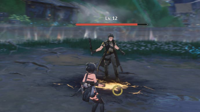 wuthering waves rover facing gladiator champion in seaside arena