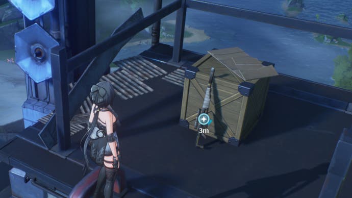 wuthering waves rover facing rifle leaning against box