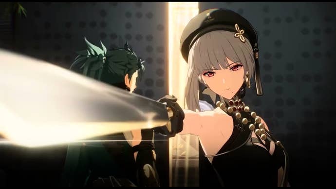 Sanhua from Wuthering Waves, pointing a sword at the camera with her right hand while Jiyan faces the opposite direction