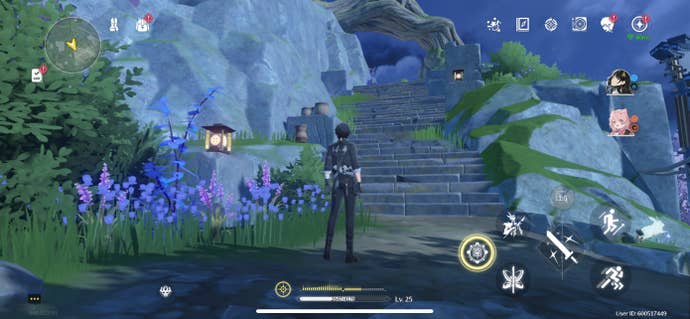 The Rover running up some stone stairs to reach Lulu the cat in Wuthering Waves.