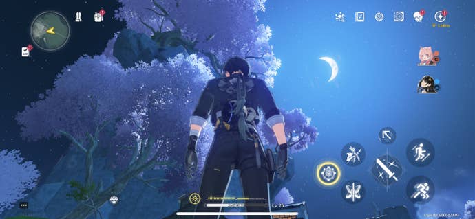 The Rover looking up at the tree where Lulu the cat is stuck in Wuthering Waves.