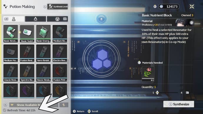 wuthering waves synthesizer menu item reset timer highlighted