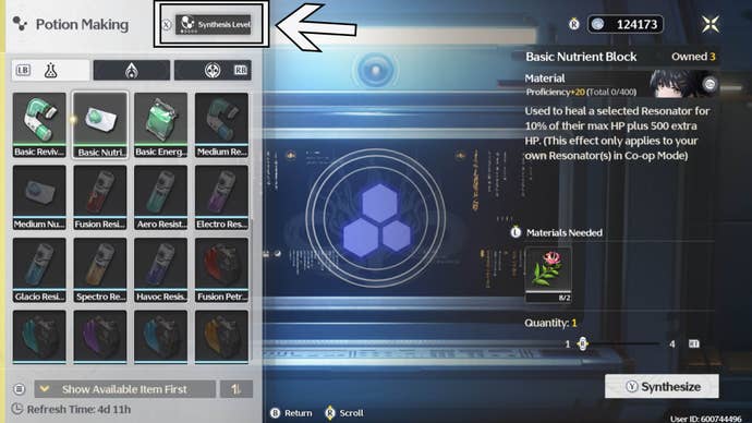 wuthering waves synthesizer menu synthesis level option highlighted